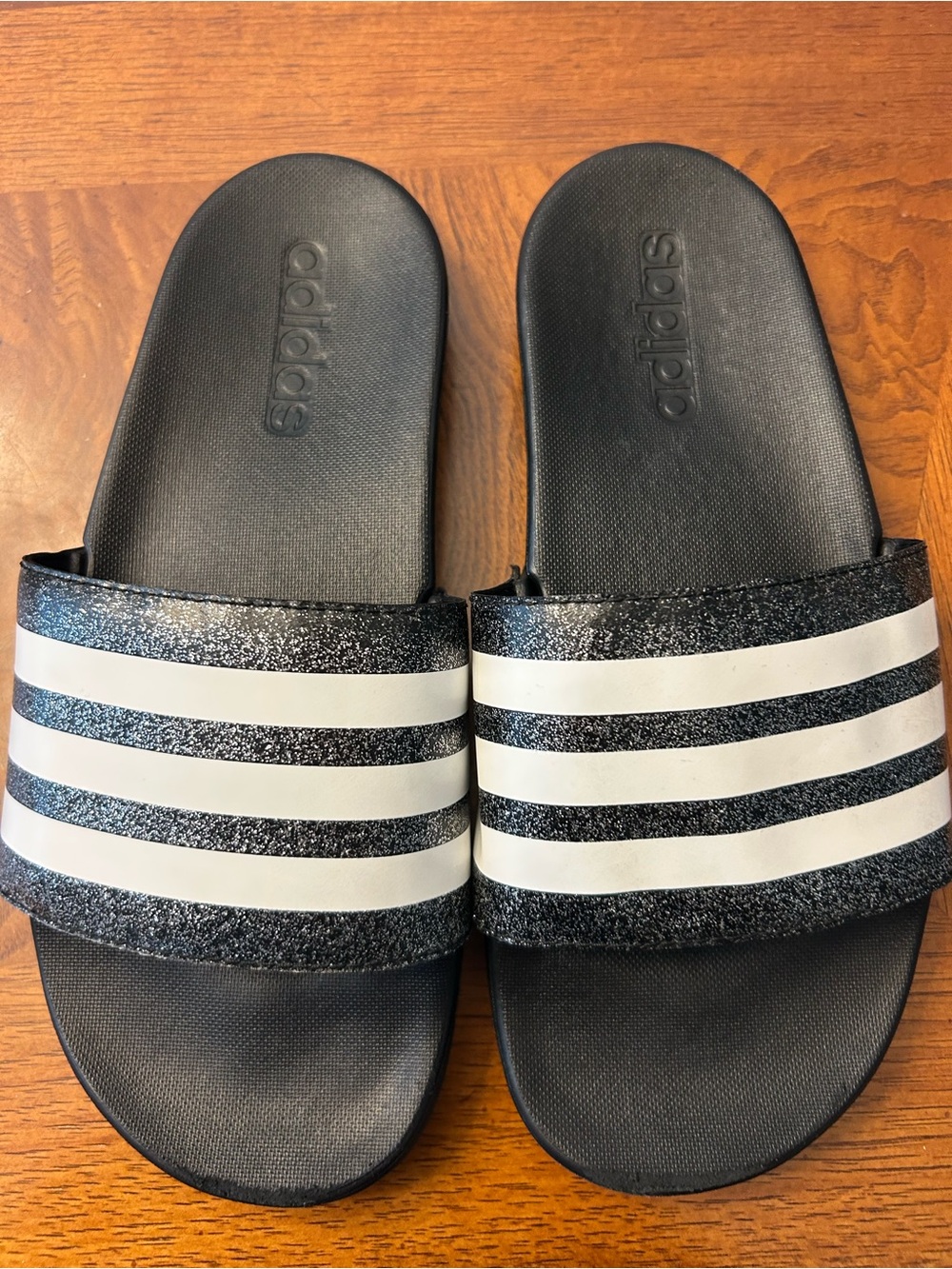 Girls adidas Black Slides with White 3-Stripes
